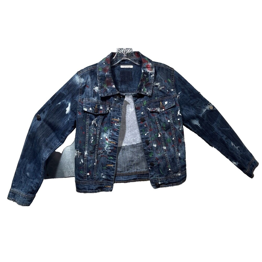 Jean Jacket Hand Painted Embellished Miami Cityscape Pocket One of A Kind - Picture 10 of 16